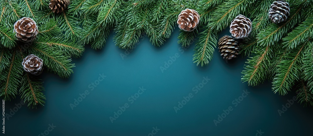 Aufkleber christmas tree branches and pine cones flat lay with empty space for text on a blue background perfe