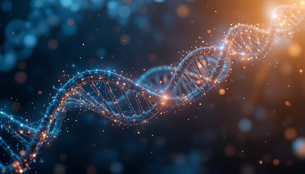 futuristic DNA strand made of binary code and glowing particle