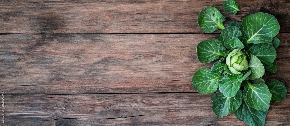 Poster fresh cabbage arranged on vintage wooden background with leaves creating an empty space for text and