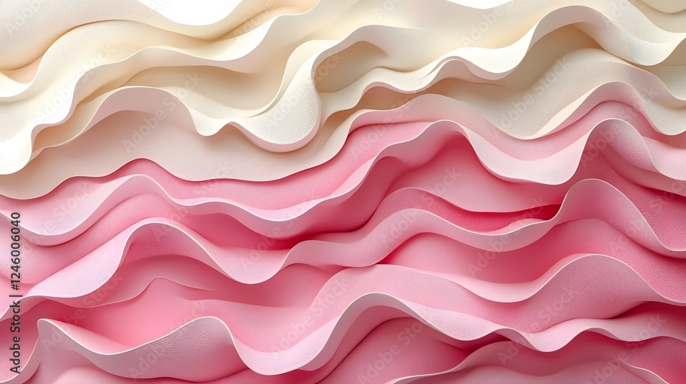Poster an artistic close-up of swirling waves of soft pink and cream-colored fabric creating a textured, fl