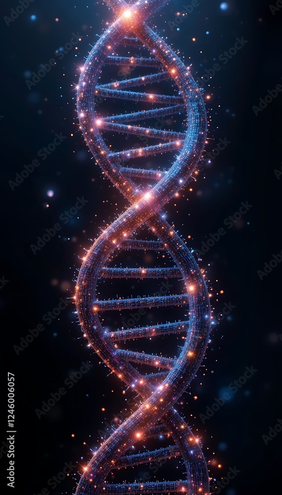 Poster futuristic dna strand made of binary code and glowing particle