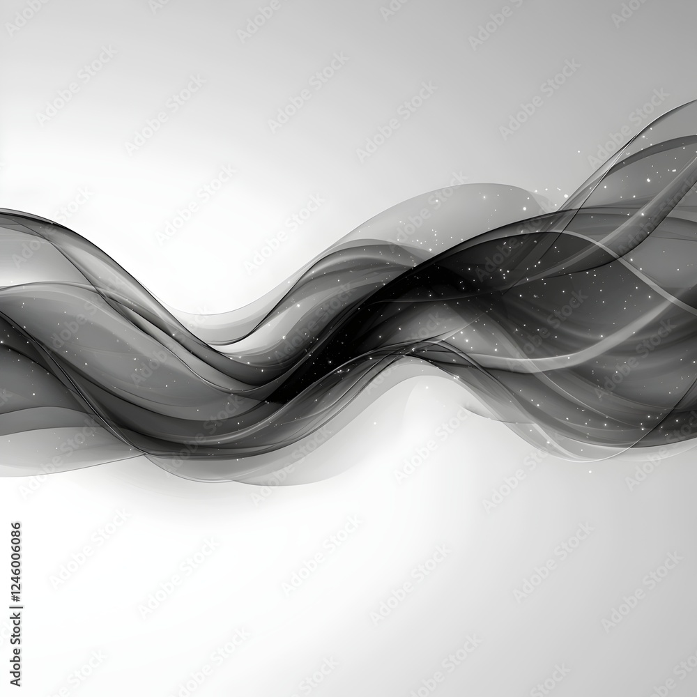 Poster abstract black and white waves flowing gracefully across a soft gradient background, creating a sens