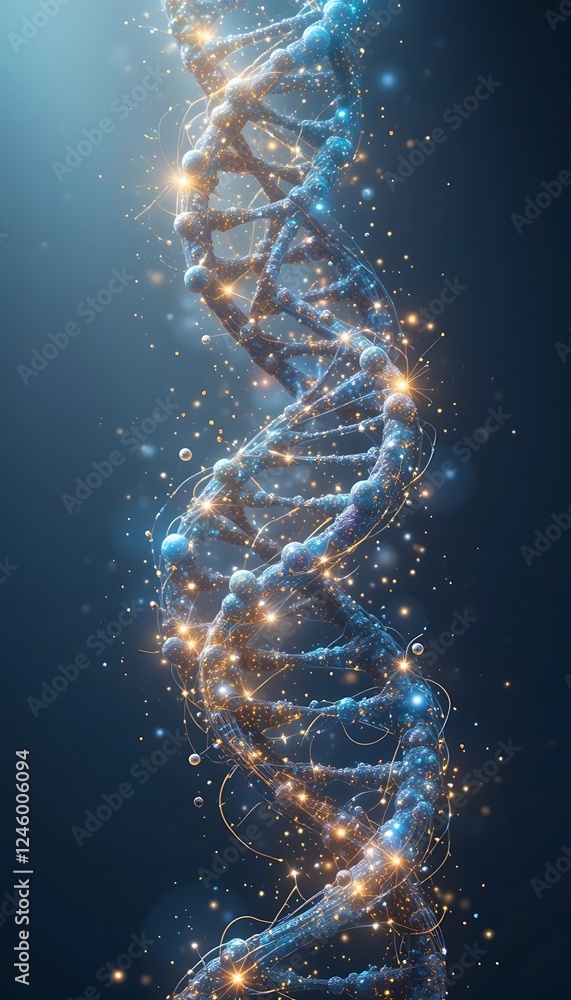 Poster futuristic dna strand made of binary code and glowing particle