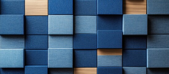 Geometric acoustic panels in various blue shades arranged on a wooden textured background for modern interior design aesthetics