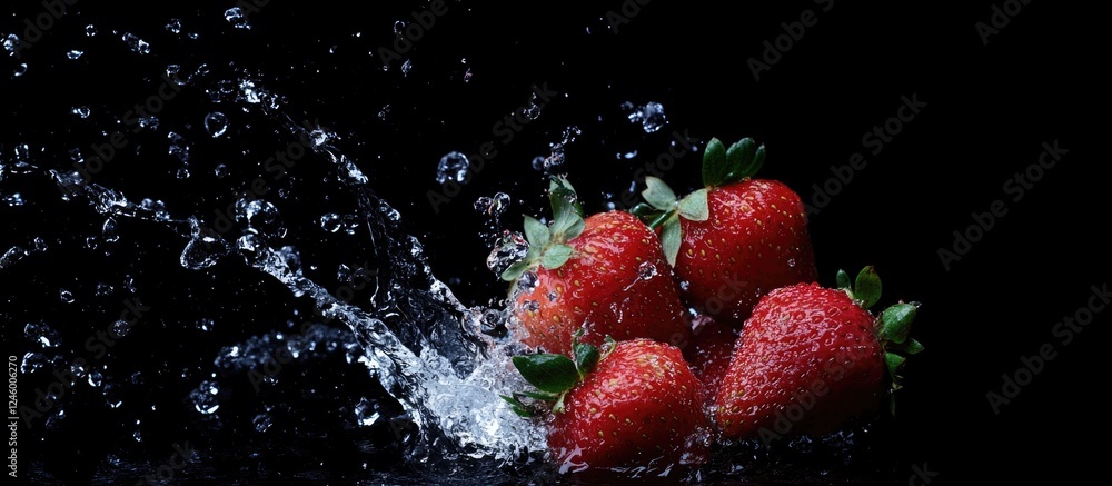 Poster fresh strawberries splashing in water on black background with empty copy space for text