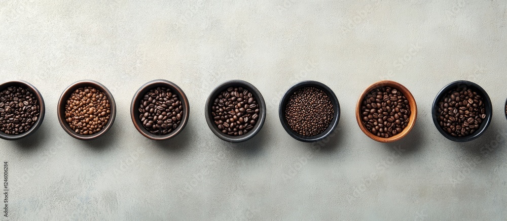 Poster organic coffee beans in assorted bowls arranged neatly on a neutral background with ample space for 