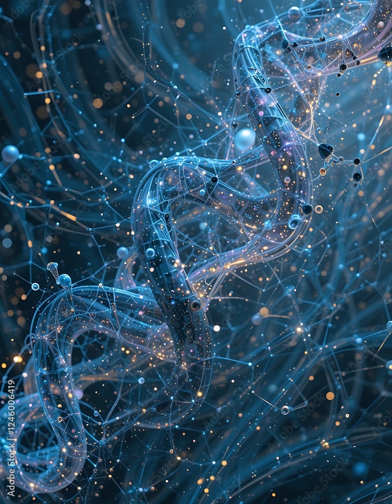 Poster futuristic dna strand made of binary code and glowing particle