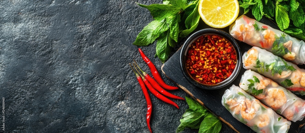 Aufkleber fresh spring rolls served with citrus sauce and red chilies on a textured background with space for 