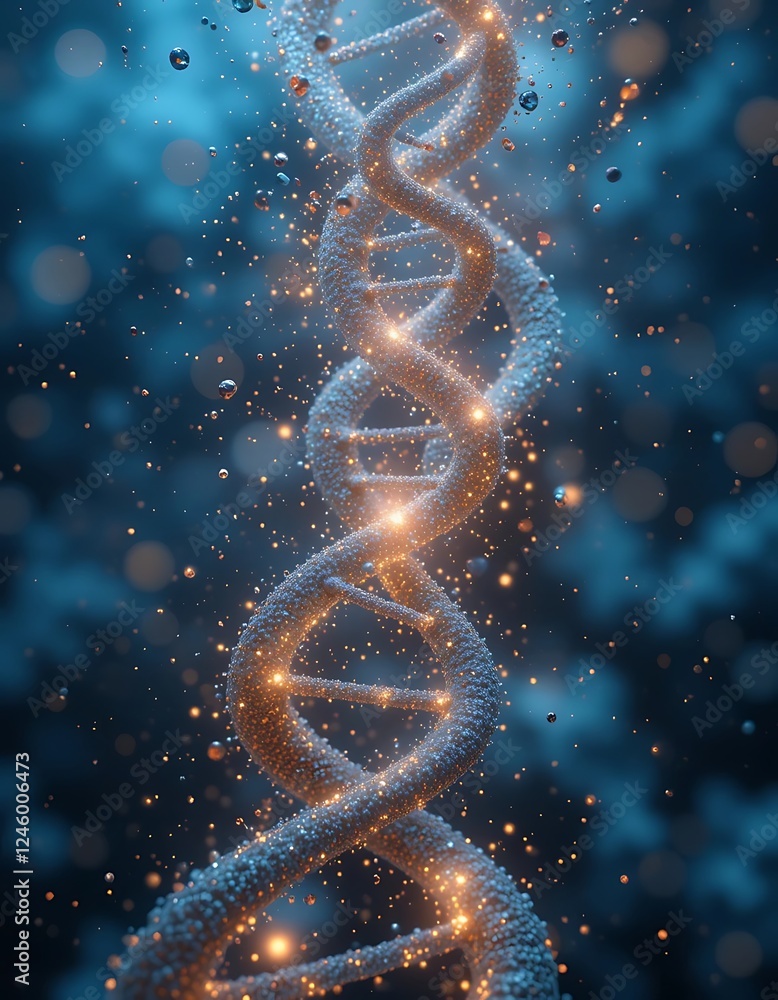 Poster futuristic dna strand made of binary code and glowing particle