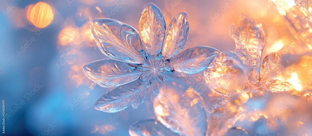 Poster intricate ice formation illuminated by sunlight creating a floral pattern with mesmerizing refractio