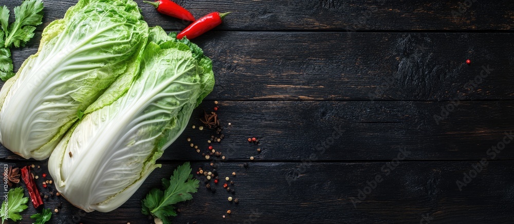 Aufkleber fresh chinese cabbage and colorful spices on dark wooden table with ample empty space for text or cu