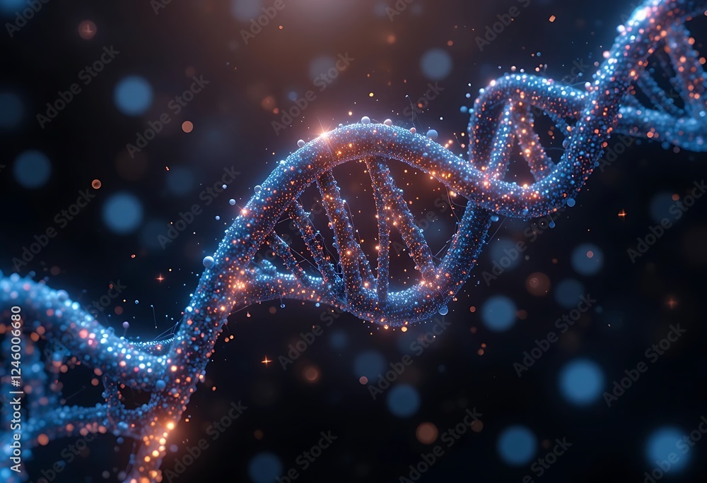 Poster futuristic dna strand made of binary code and glowing particle