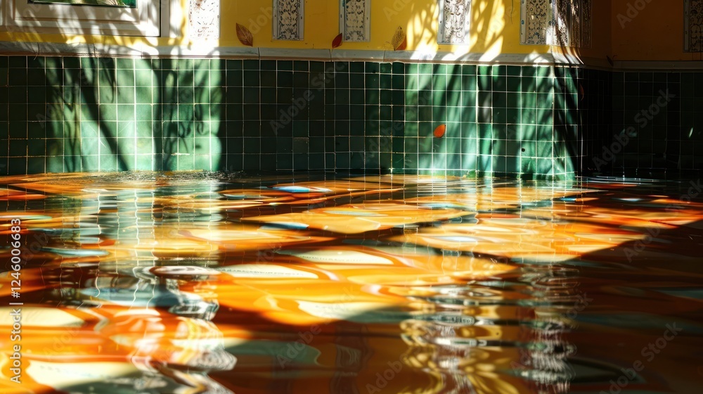 Aufkleber serene indoor pool reflecting vibrant colors and intricate tile patterns with soft shadows