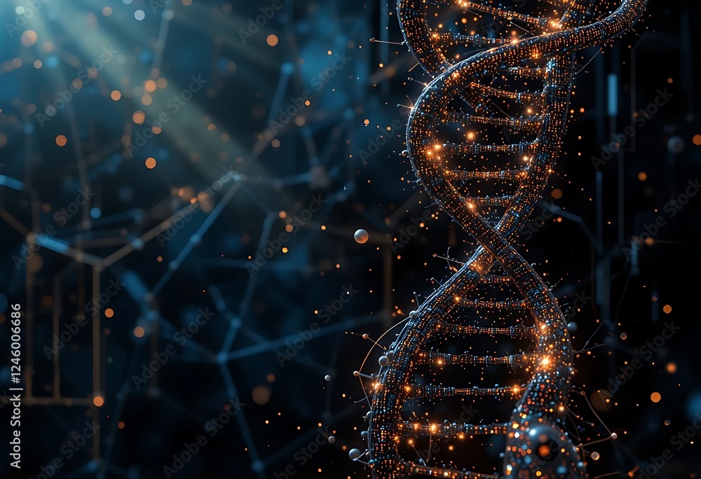 Poster futuristic dna strand made of binary code and glowing particle