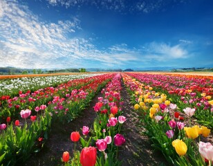 Obraz premium A vibrant tulip field in full bloom under bright blue skies, creating a dreamy and colorful spring landscape filled with rows of red, yellow, and pink tulips. 