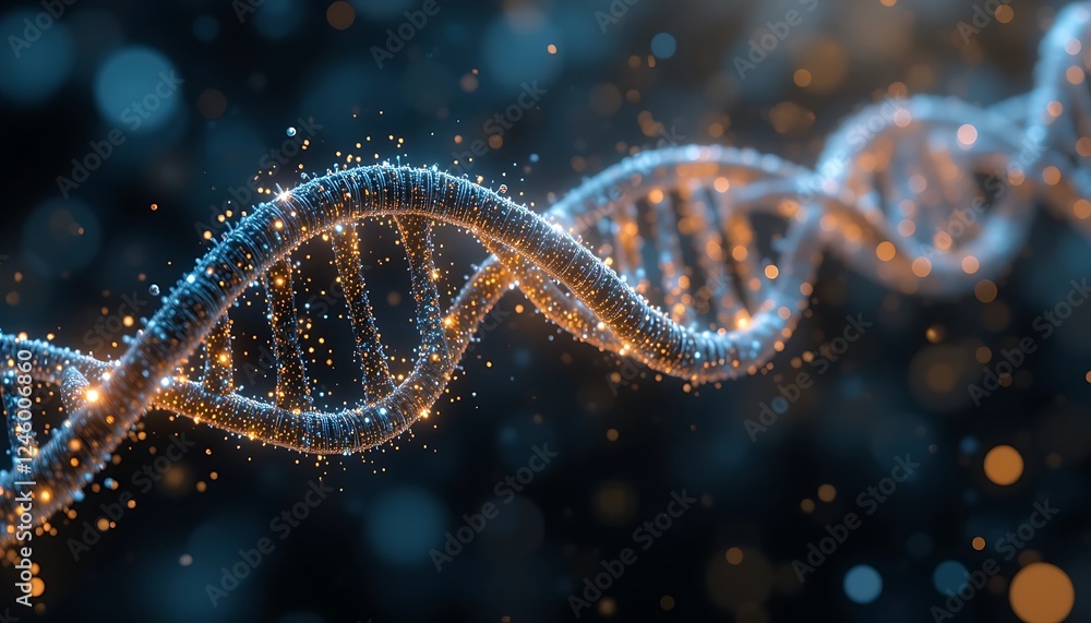 Poster futuristic dna strand made of binary code and glowing particle