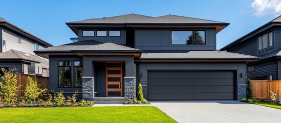 Modern luxury grey and black single family house with landscaped yard on a sunny day displaying empty space for advertising text