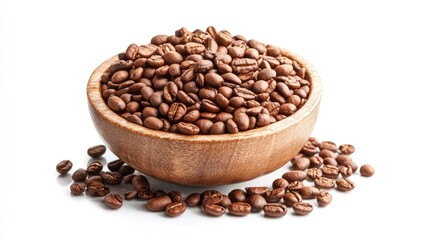 Fototapeta premium Aromatic roasted coffee beans fill a wooden bowl ready for a fresh brewed experience
