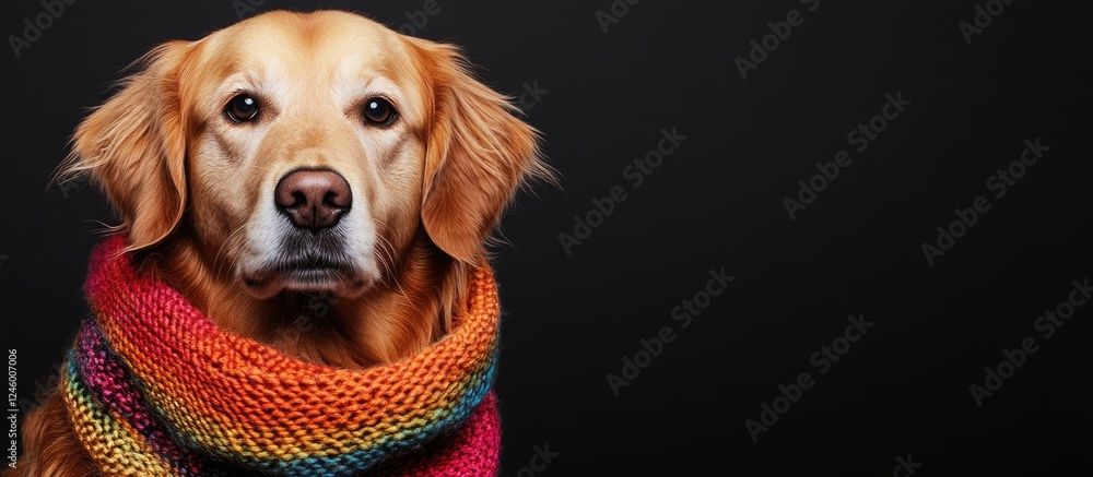 Poster golden retriever dog wearing a colorful scarf with a dark background and ample copy space for text o