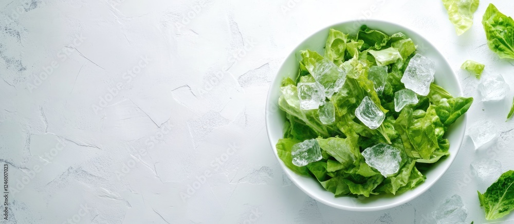Poster fresh green salad leaves with ice in a white bowl on a light surface with ample empty space for text