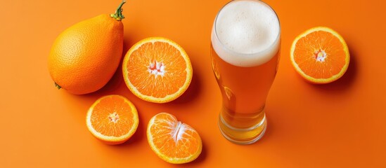 Tangerine and orange fruits with a beer glass on an orange background top view vibrant creative food concept flat lay with empty text space