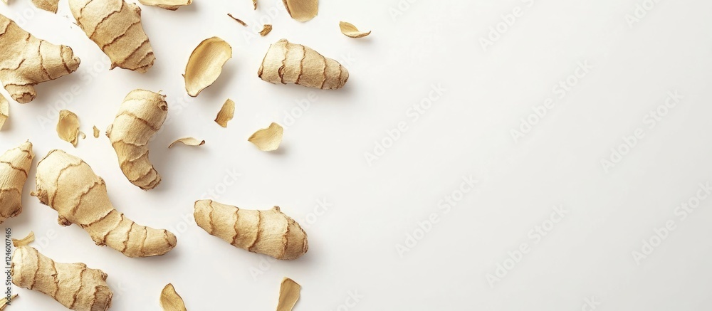 Aufkleber dried ginger root pieces on light background with ample space for copy or text placement
