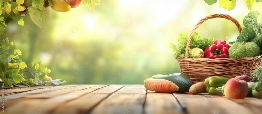 Poster freshly harvested vegetables in a wicker basket on rustic wood with natural greenery background and 
