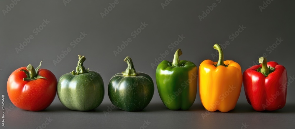 Poster Colorful array of fresh bell peppers on a dark background with space for text creating a vibrant and healthy food concept.