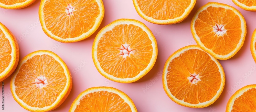 Poster vibrant orange slices arranged on a pink background creating a fresh and colorful fruit pattern idea