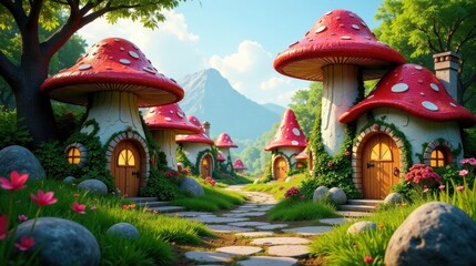 Enchanted Mushroom Village Path A whimsical journey through a quaint neighborhood of charming homes nestled amongst lush greenery and vibrant flowers, leading to a peaceful and serene landscape