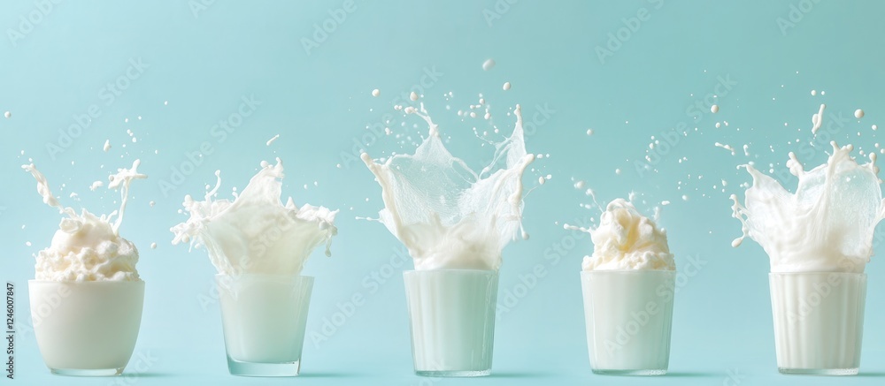 Poster dynamic milk splashes in glass cups on light blue background with negative space for text branding o