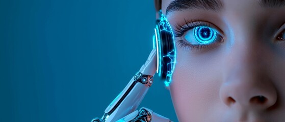 A futuristic close-up of a human-like robot examining its own eye, illuminated by blue light, blending technology and humanity.