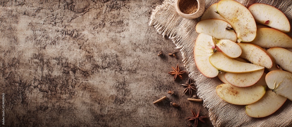 Poster organic apple slices with spices on textile napkin ready for pie preparation with empty space for cu