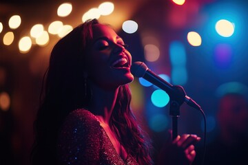 Beautiful woman singing on a concert in to a microphone. Party lights in the blurred background	