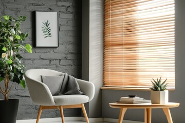 Modern living room with armchair and window blinds