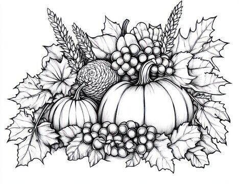 recommend clip art: Thanksgiving Cornucopia Overflowing with Pumpkins Grapes Wheat Harvest Autumn Fruits Vegetables