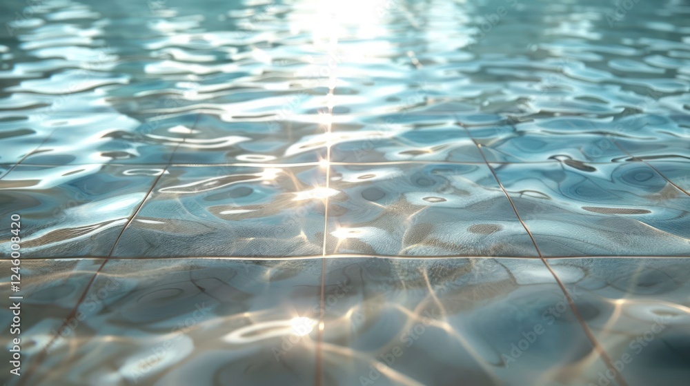 Poster glimmering water surface in a tranquil pool reflecting sunlight with tiled patterns below