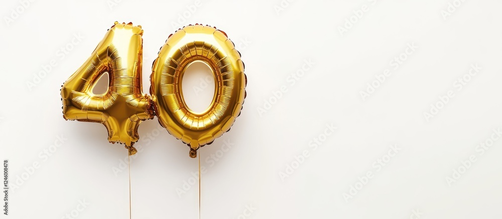 Poster golden helium balloons in the shape of the number 40 on a minimalist white background with ample spa