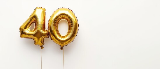 Golden helium balloons in the shape of the number 40 on a minimalist white background with ample space for promotional text or messages