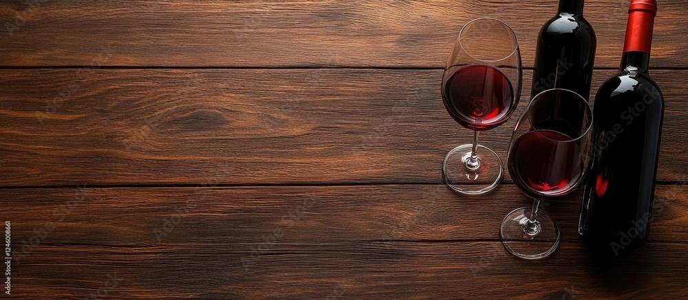 Poster red wine glasses and a bottle on a rustic wooden table with ample empty space for text and creative 