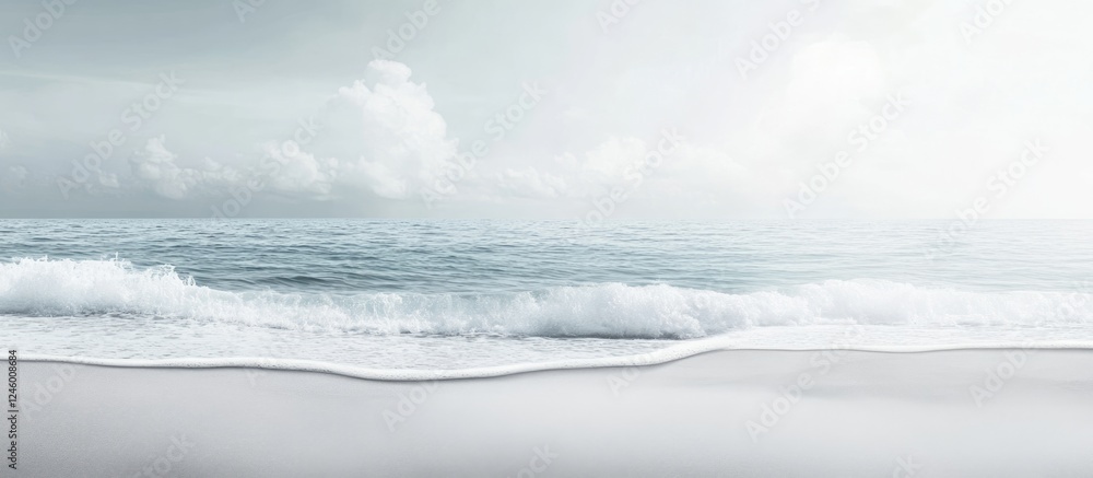 Poster serene gray beach background with soft waves and clouds ideal for overlaying text or banners in desi