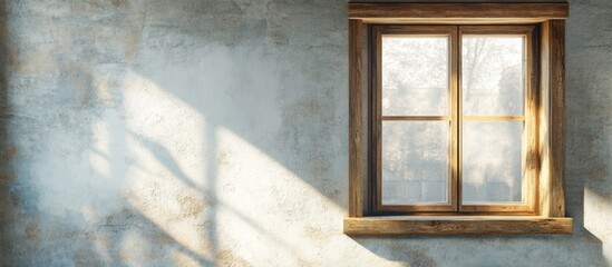 Fototapeta premium Rustic modern wall with wooden window casting shadows and empty space for text in a serene architectural design setting.