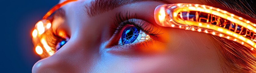 A close-up of a person's eye adorned with glowing, futuristic glasses, showcasing vibrant blue hues and striking illumination.
