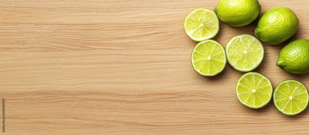 Aufkleber fresh lime slices arranged on a wooden kitchen surface with ample empty space for creative text or d