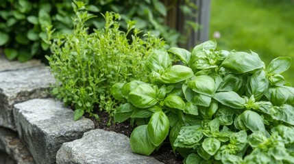 Obraz premium Fresh Basil Plants in a Stone Garden Border