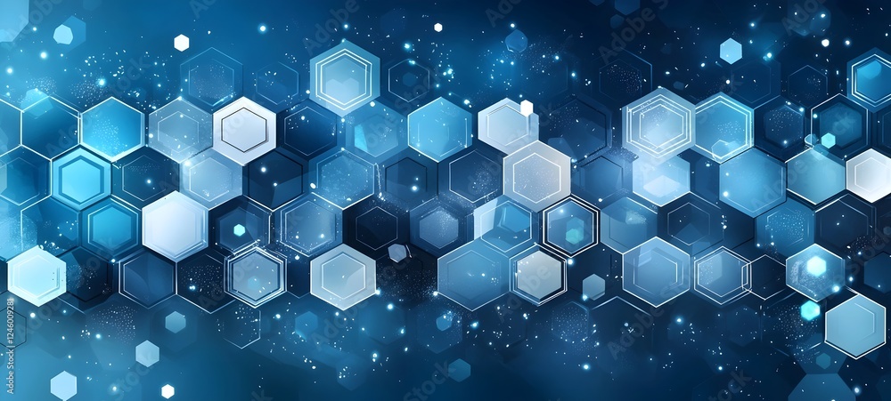 Poster a visually stunning abstract design featuring overlapping blue and white hexagons against a shimmeri