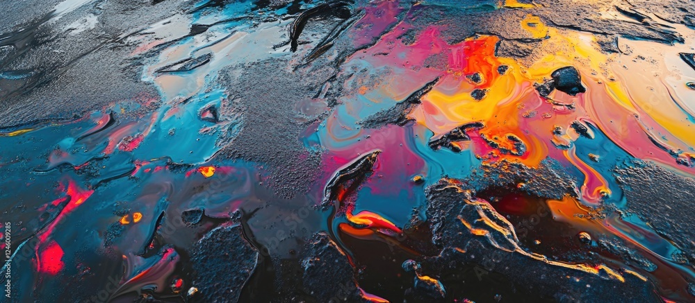 Poster multi-colored oil spill on wet asphalt showcasing abstract patterns and textures in a vibrant and dy