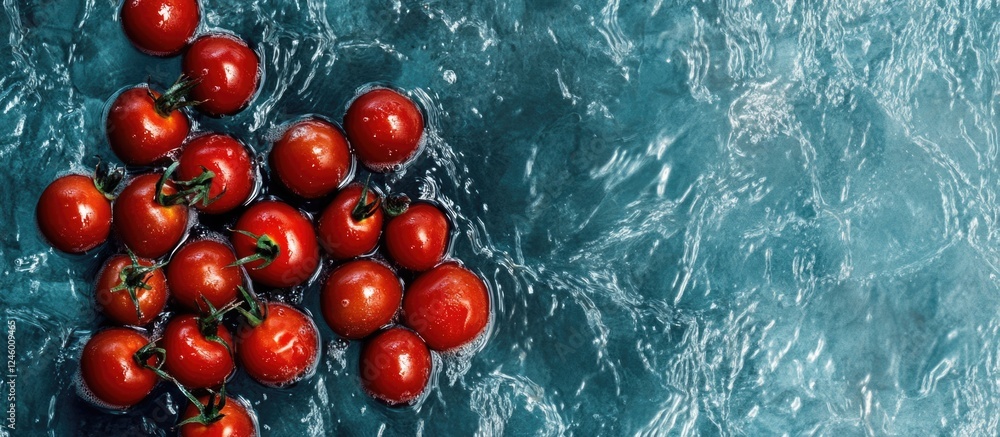 Poster fresh red tomatoes floating on water surface with space for text in a top view shot ideal for food r