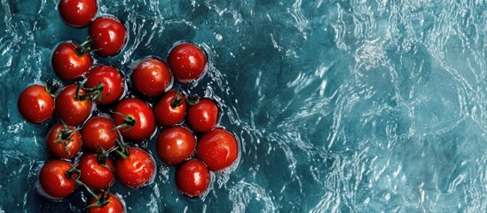 Fresh red tomatoes floating on water surface with space for text in a top view shot ideal for food related promotions and designs