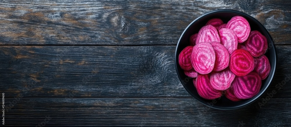 Poster fresh chioggia beets in black bowl on rustic wooden table with empty space for text or design elemen